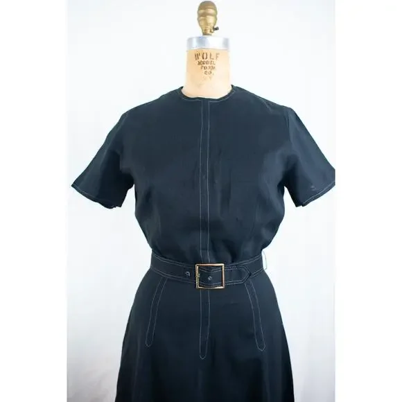 Vintage 60s Black Rayon Blend Mini Dress, Classic A-Line Retro Rockabilly, Small - Picture 6 of 13